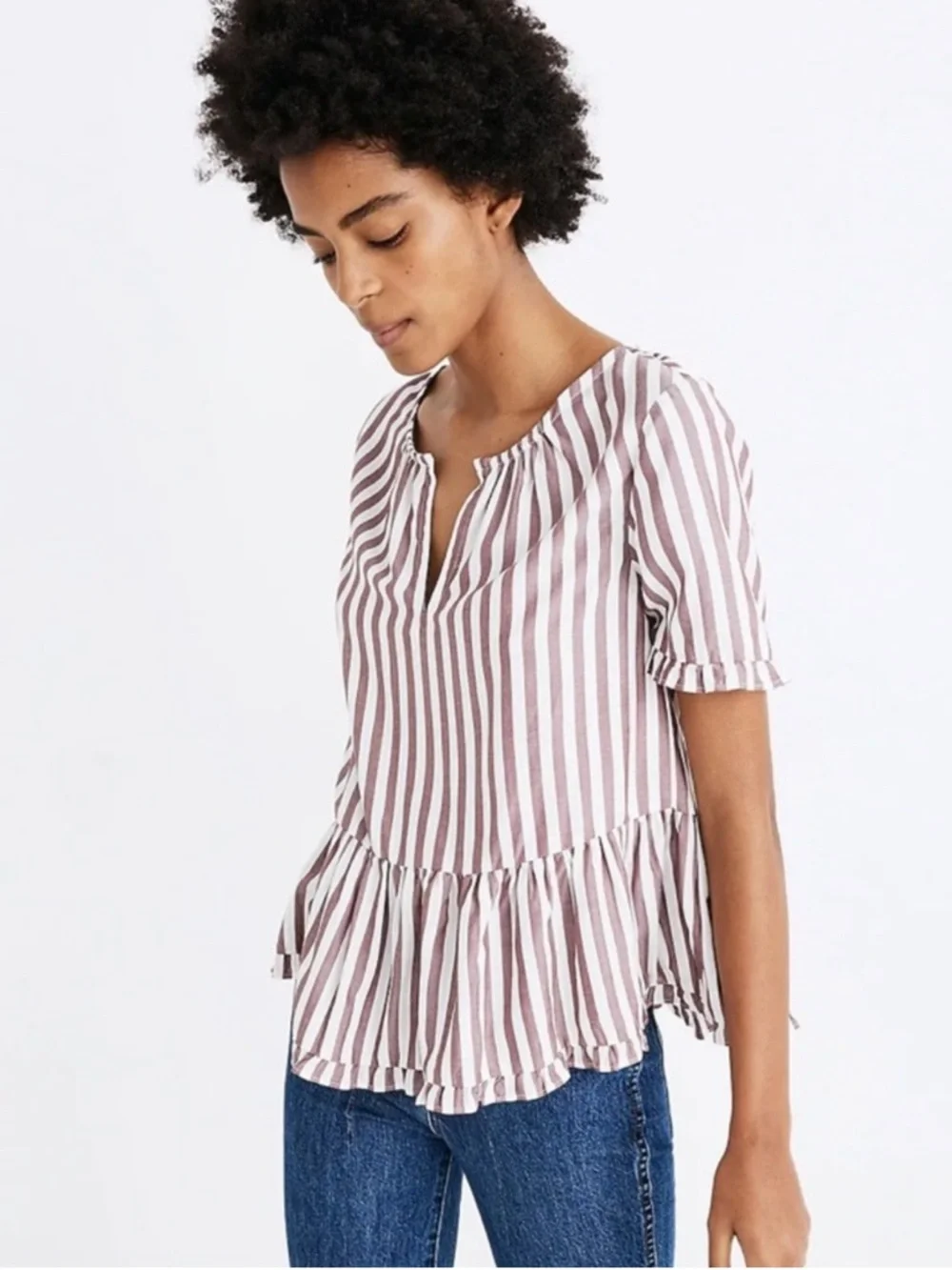 Madewell Stanza Ruffle-Hem Top in Red Stripe - Picture 1 of 3